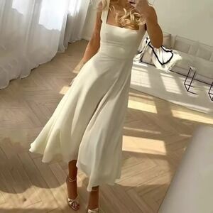 Commense White Midi Dress Square Neck Sleeveless A-Line Wedding Guest  size XS